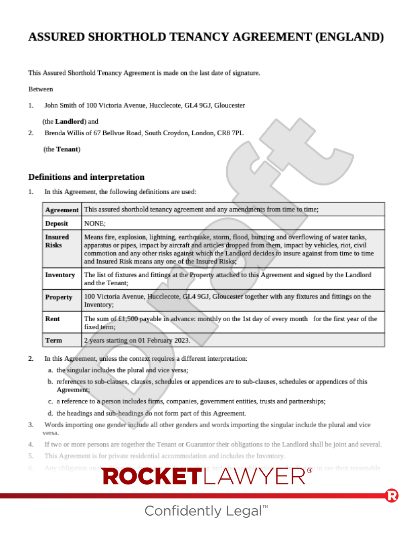 Shorthold Tenancy Agreement Template Pdf